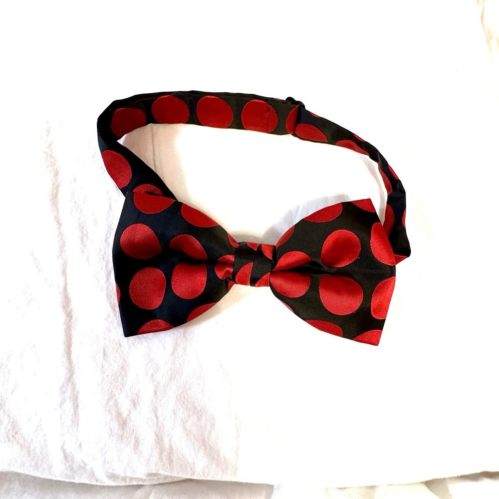 Men's Handmade Black Bowtie with Red Polkadots‎